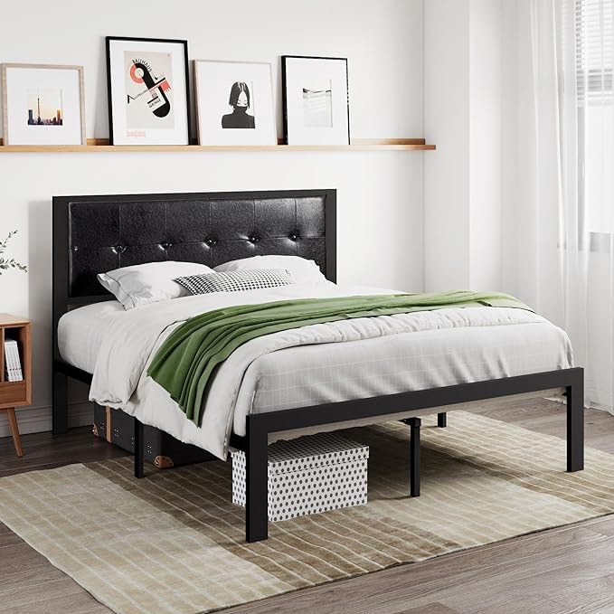 SHA CERLIN Faux Leather Full Platform Bed Frame with Metal Slats, Button Tufted Square Stitched Headboard, No Box Spring Needed, Easy Assembly, King