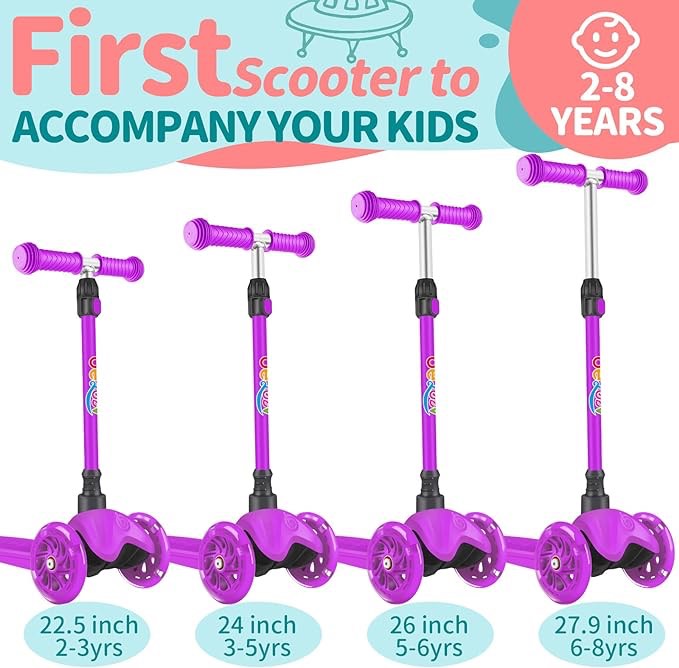 Beleev A1 Scooter for Kids Ages 2-6, 3 Wheel Kick Scooter for Toddlers Girls Boys, Adjustable Height, Lean to Steer, Light up Wheels, Non-Slip Deck, Easy to Assemble, Lightweight Scooter for Children