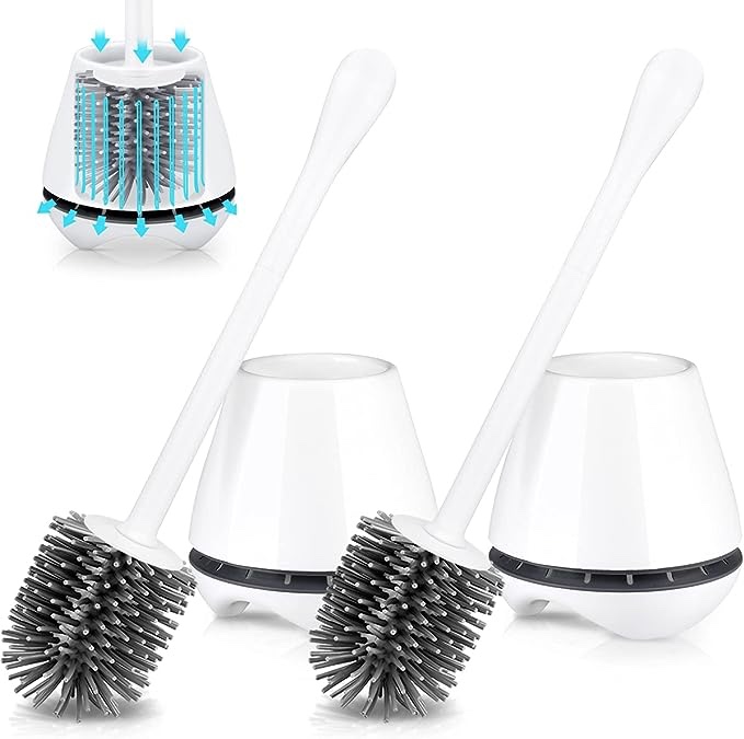 TRENTI Toilet Brush with Holder 2 Pack, Silicone Toilet Brush Set with Ventilated Holder and Long Ergonomic Handle, Flexible Silicone Toilet Brushes for Bathroom