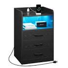 SUPERJARE Nightstand with LED Strip Lights and Charging Station - 3 Drawers Bedroom End Table, 2 USB Ports, 2 Outlets, Bed Side Table with Remote, Open Storage, Metal Handles - Black