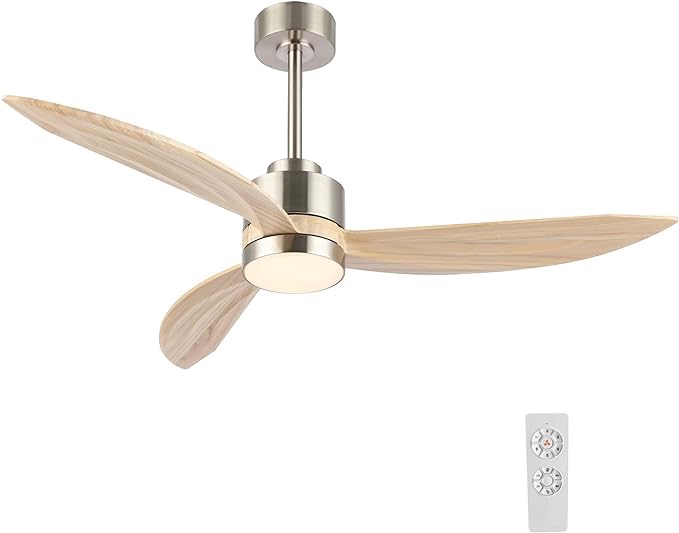 ELEHINSER 52" Wood Ceiling Fan with Lights and Remote Control, 3 Blades 6-Speed Dimmable Light Reversible DC Motor Ceiling fan for Kitchen Bedroom Dining Living Room, Wood Blades with Nickel