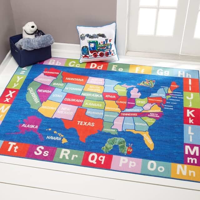 Eric Carle Elementary USA Map Kids Machine Washable Area Rug Blue/Red, 4'11"x6'6"