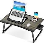 Lap Desk for Adults, Saviki Serving Laptop Bed Tray Breakfast with Folding Legs, MDF Bed Table with Cup Holder, Bed Desk Notebook Stand with Top Storage Drawer, Students Desk/Game Table (Black)