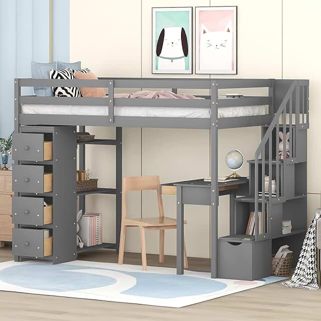loft Bed with drawers and shelves grey gigacloud