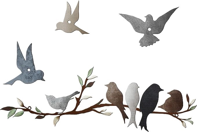 Ferraycle Metal Bird Wall Art Birds on The Branch Wall Decor Leaves with Birds Metal Sculpture Bird Silhouette Metal Ornament Branch Wall Hanging Sign for Balcony Garden Decor (Dark Colors)