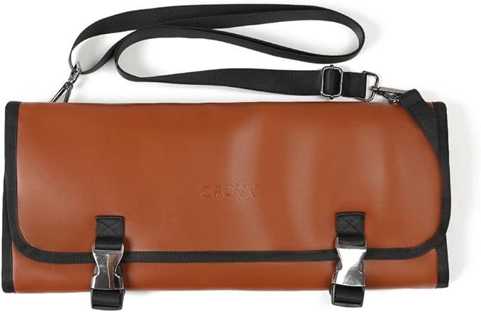 OFOVV Knife Roll Bag – Premium PU Leather Knife Display Case – Non Slip Buckle Knife Organizer Includes 14 Knife Holders, 2 Cook Chopper Slots, 3 Utensil Slots – Elegant and Practical (Brown)