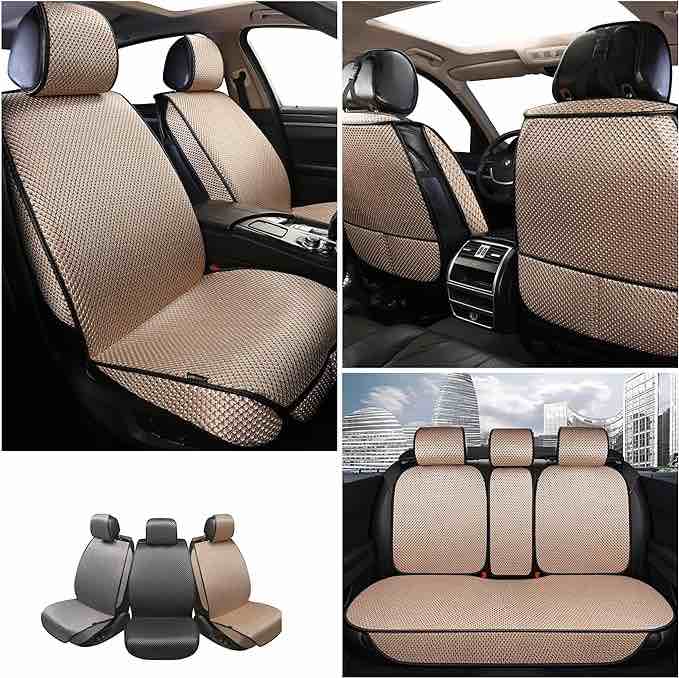 Auto Newer 5 Seats Luxury Breathable Car Seat Cover Full Set Fit Four Seasons of Universal Automotive Vehicle Cushion Cover Compatible with 90% Cars,SUV,Trucks(Full Set Beige )