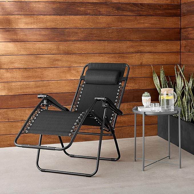 Amazon Basics Outdoor Textilene Adjustable Zero Gravity Folding Reclining Lounge Chair with Pillow, Navy Blue
