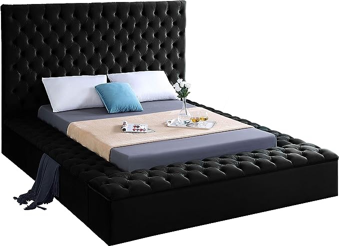 (incomplete box 1/3) Meridian Furniture Bliss Collection Modern  Contemporary Velvet Upholstered Bed with Deep Button Tufting and Storage Compartments in Rails and Footboard, Black, King