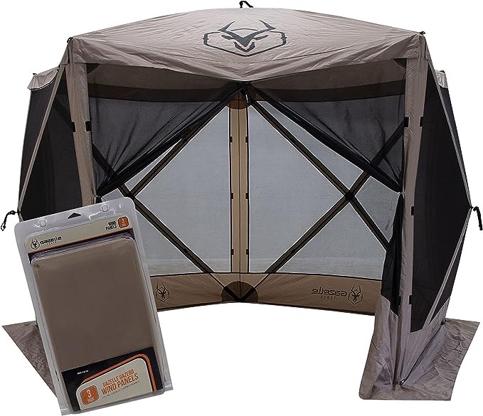 Gazelle Tents™, G5 5-Sided Portable Gazebo, Easy Pop-Up Hub Screen Tent, Waterproof, UV Resistant, 4-Person & Table, Desert Sand, 85" x 115" x 106", GK907, Includes Free 3 Pack of Wind Panels