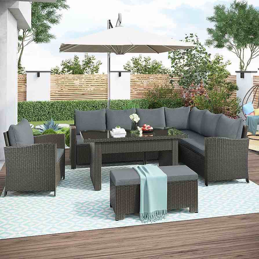 BIADNBZ 6 Piece Patio Furniture Set with Dining Table, Armchair and Bench, All Weather Rattan Outdoor Conversation Sectional Sofa L-Shaped Couch for Garden Backyard, Gray (Box 2 Of 4)