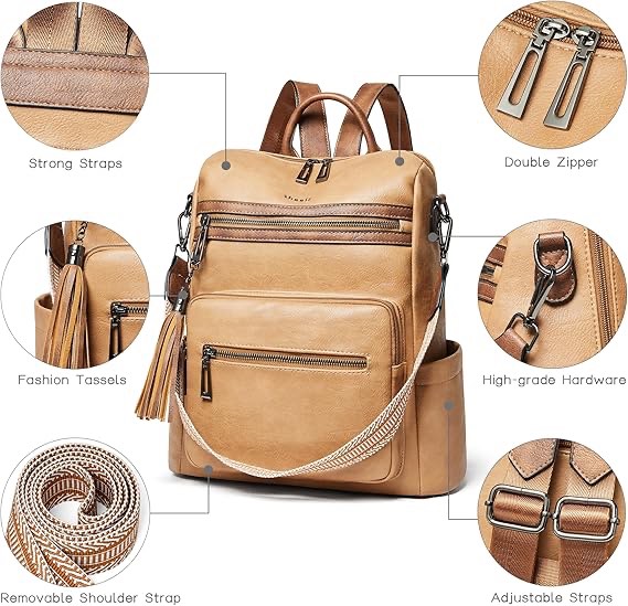 Shrrie Backpack Purse for Women Leather Fashion Designer Travel Backpack Convertible Shoulder Satchel Bag for College Work