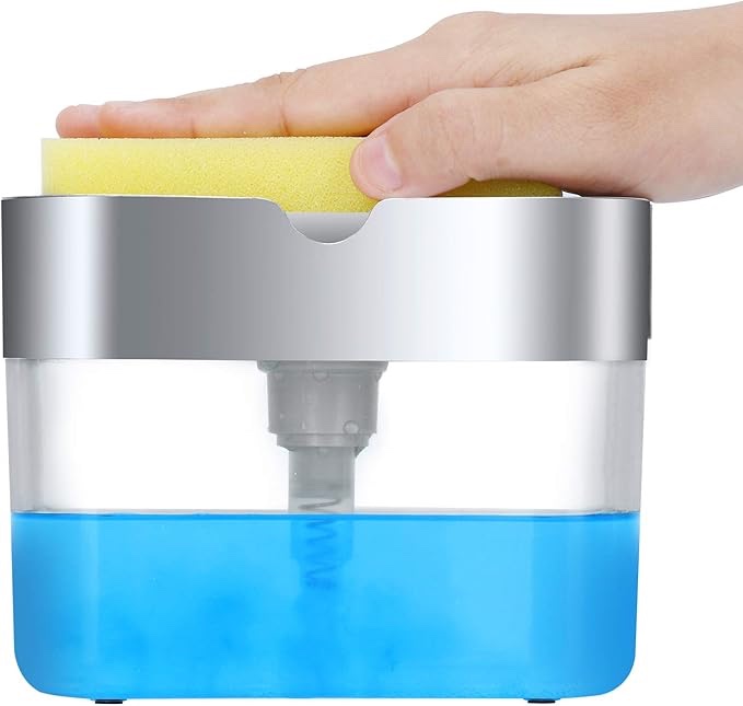 S&T INC. Dish Soap Dispenser and Sponge Holder for Kitchen Sink, Sponge Included, 13 Ounces, Metallic Silver