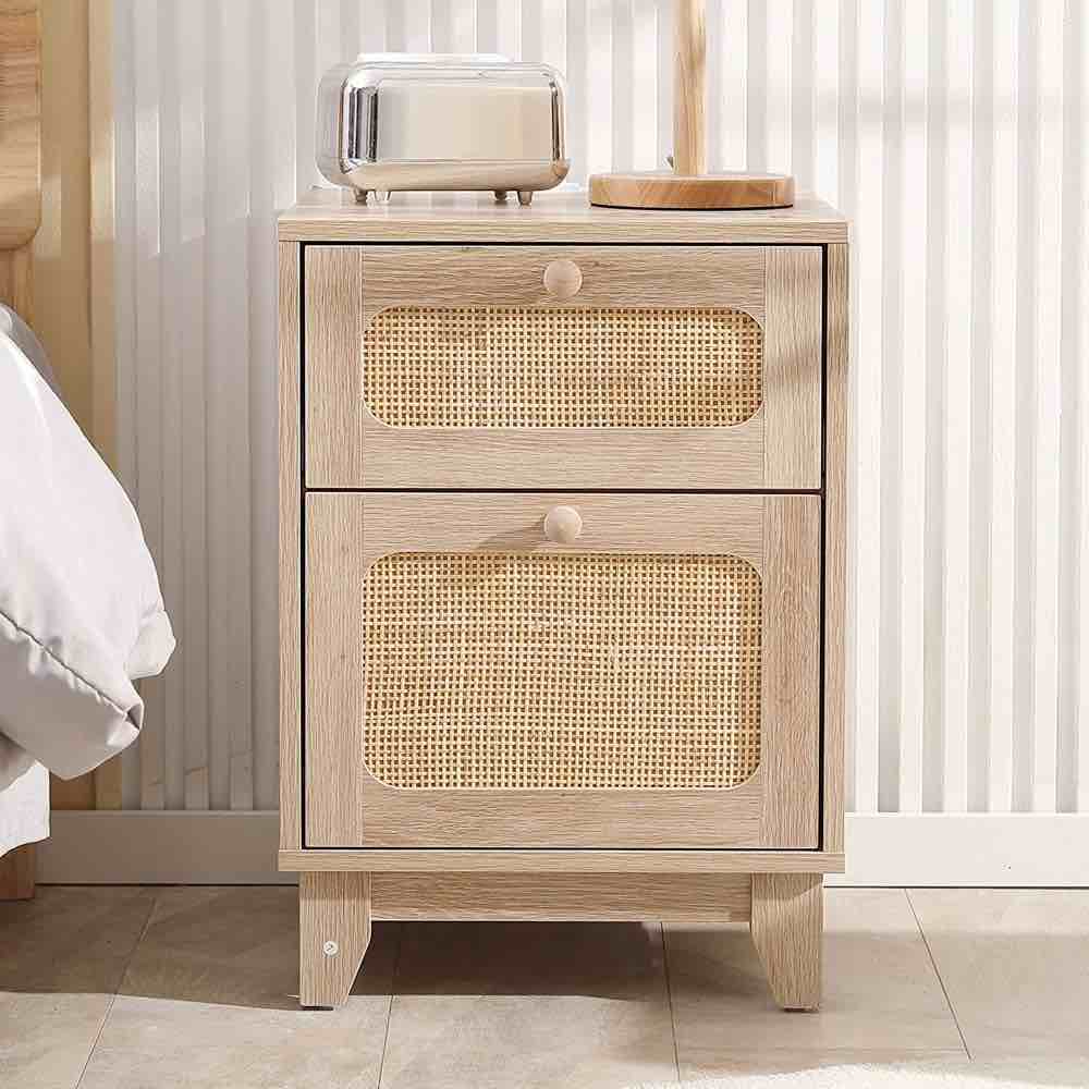 Rattan Nightstand Set with Charging Station, Boho Side Table with Handmade Ratta