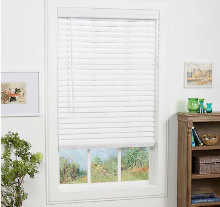 allen + roth Trim at Home 2-in Slat Width 23-in x 42-in Cordless White Faux Wood Room Darkening Horizontal Blinds