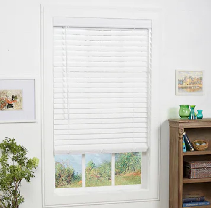 allen + roth Trim at Home 2-in Slat Width 34-in x 64-in Cordless White Faux Wood Room Darkening Horizontal Blinds