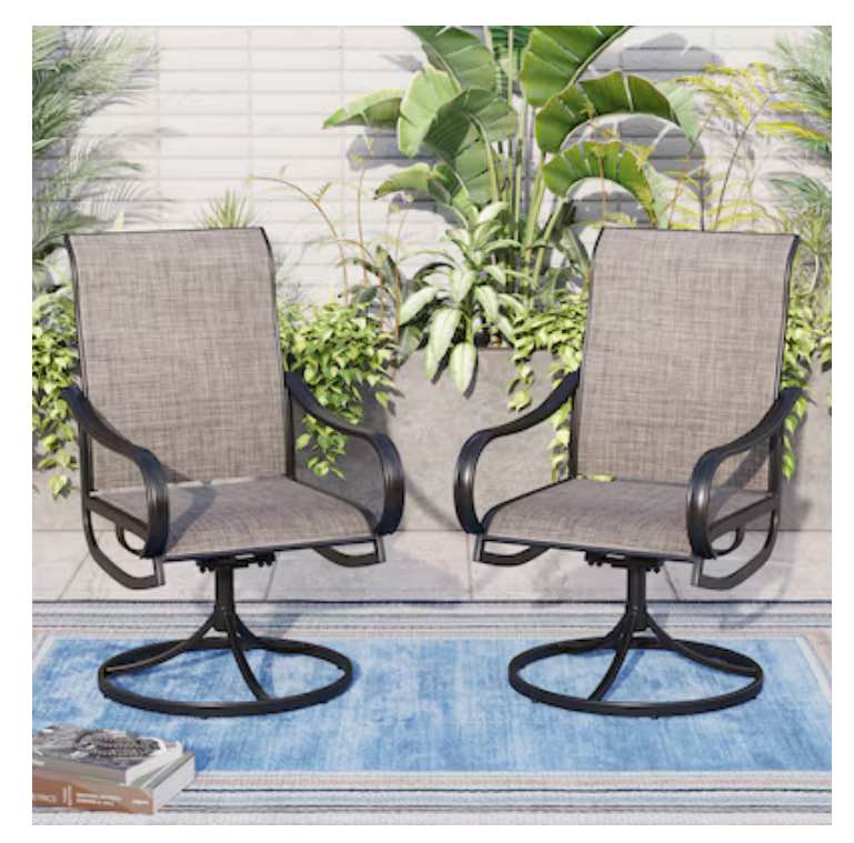 2 Black Steel Frame Swivel Dining Chair with Gray Textilene Sling Seat