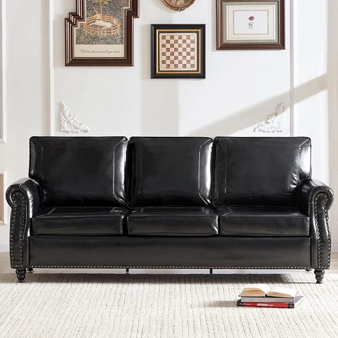 WILLOVE 79'' Faux Leather Sofa, Classic 3 Seater Leather Couch with Rolled Arm and Nailhead Trim, Mid-Century Modern Couch for Living Room, Apartment, Easy to Install, Brown 