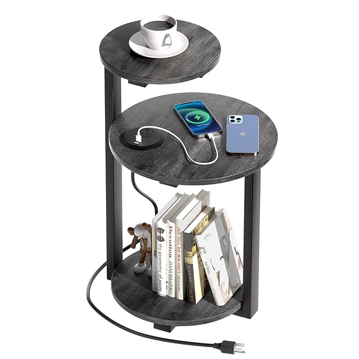 Herture Round End Table with Charging Station, Side Table with USB Ports and Outlets, Nightstand Bedside Table with 3-Tier Shelves, Small Accent Table for Living Room Bedroom, Gray PH01BHY
