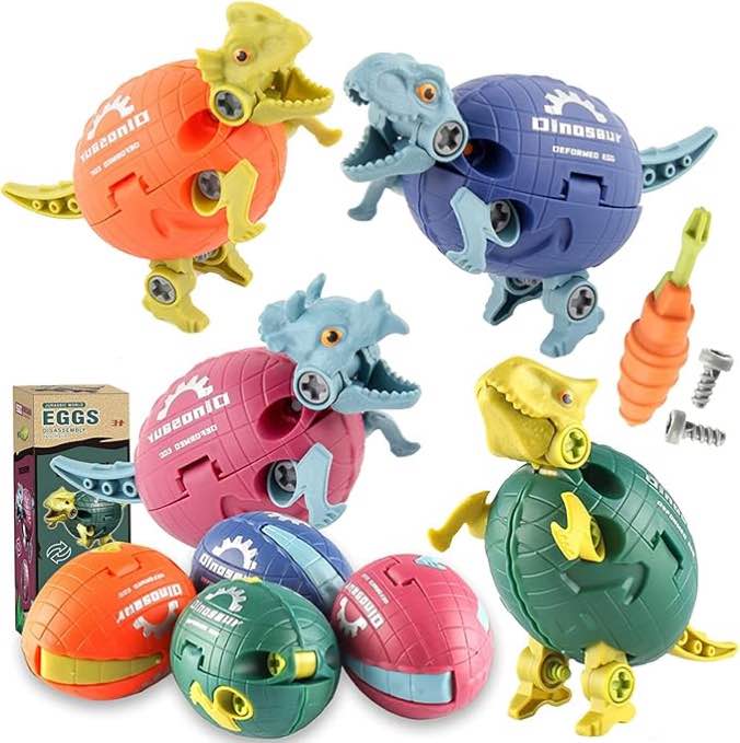 Take Apart Dinosaur Eggs Toys, DIY Dinosaur Building Toys for Kids 3-7, Transformer Dinosaur Toys with Tyrannosaurus, Triceratops,Velociraptor and Oxhorn Action Figures Toy, 2 Eggs 