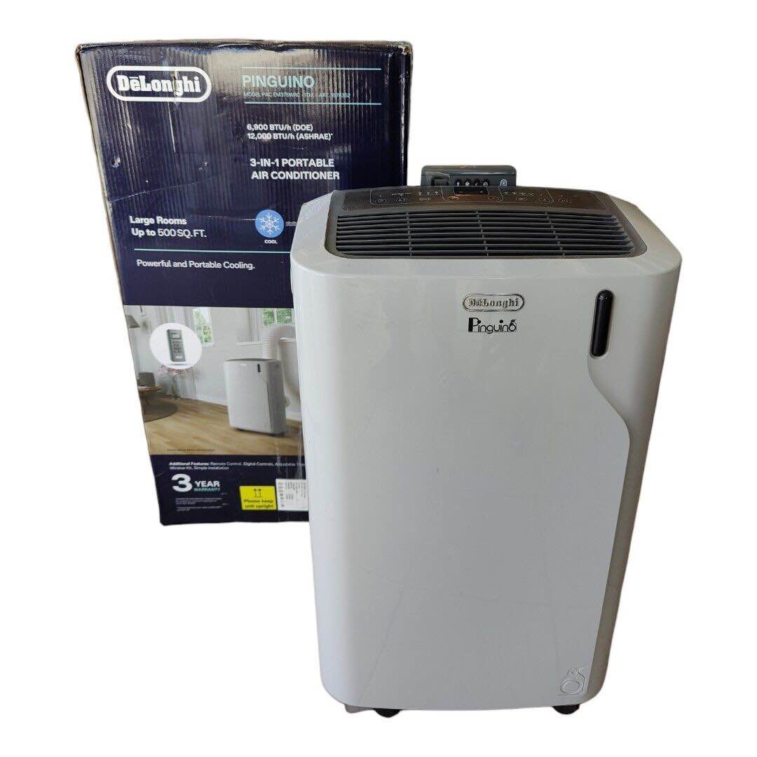 DeLonghi America PACEM360 WH DeLonghi Penguino Portable Air Conditioner with 6000.0 BTU Cooling Power, Remote Control, Eco-friendly and Portable Gray