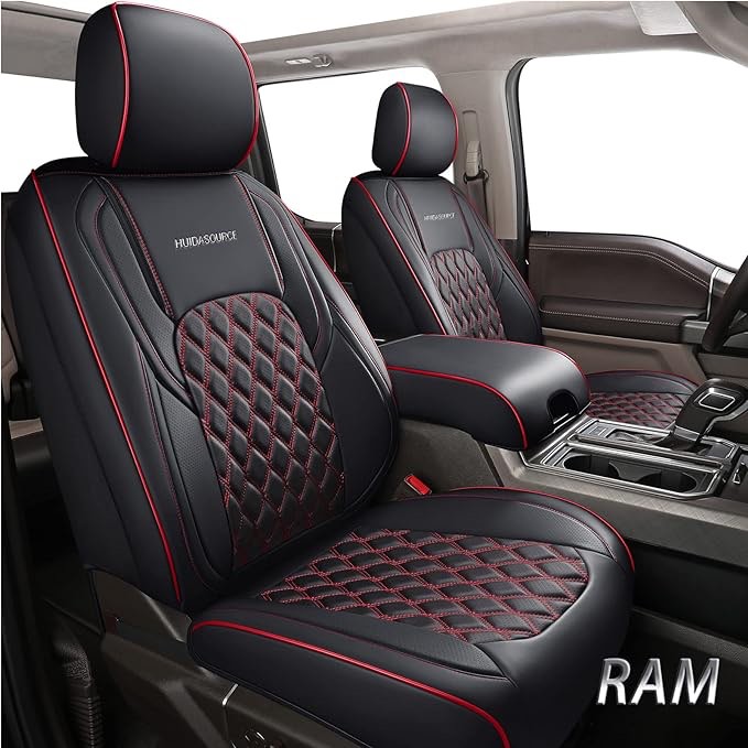 Huidasource Dodge Ram Seat Covers, Front & Rear Pickup Truck Leather Seat Cover Fit for 2009-2018 1500, 2010-2023 2500/3500 Quad Crew Mega Cab, 2019-2023 ram 1500 Classic only(Full Set/Black&Red)
