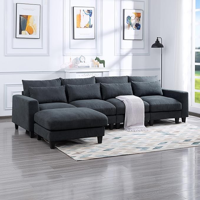Box FREESNOOZE 124.4'' Modular L-Shaped Sectional Sofa with Removable Ottoman, Pillows, 5 Seat Oversized Sofa Couch with Chaise for Living Room(Dark Grey)