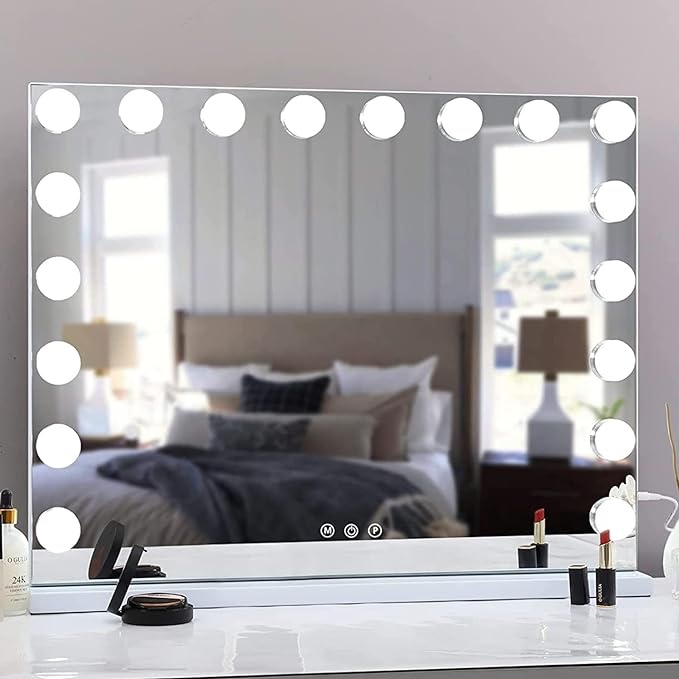 COOLJEEN Large Hollywood Vanity Mirror with Lights 18pc Dimmable Bulbs Makeup Vanity Mirror with Lights and USB Charging Port 3 Color Lighting Mode for Bedroom