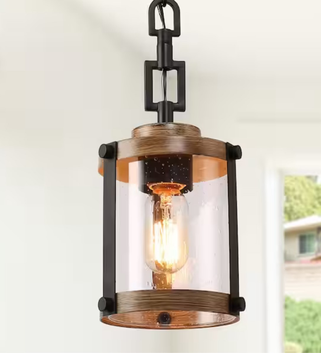 LNC Modern Farmhouse Brown Chandelier 1-Light 6 in. Black Drum Mini Island Pendant Light with Seeded Glass Shades