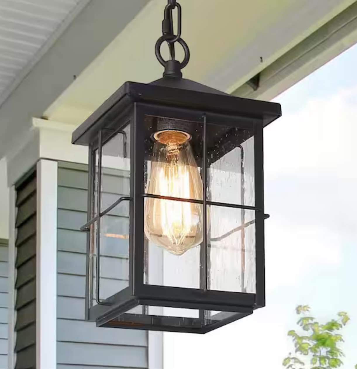  LNC Modern Farmhouse Black Outdoor Hanging Lantern 1-Light Coastal Pendant with Seeded Glass Shade for Covered Patio Porch