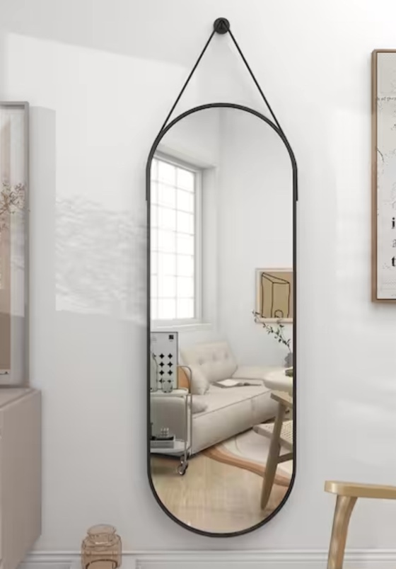 XRAMFY 16 in. W x 48 in. H Oval Black Modern Aluminum Alloy Framed Rounded Full Length Mirror Wall Mirror