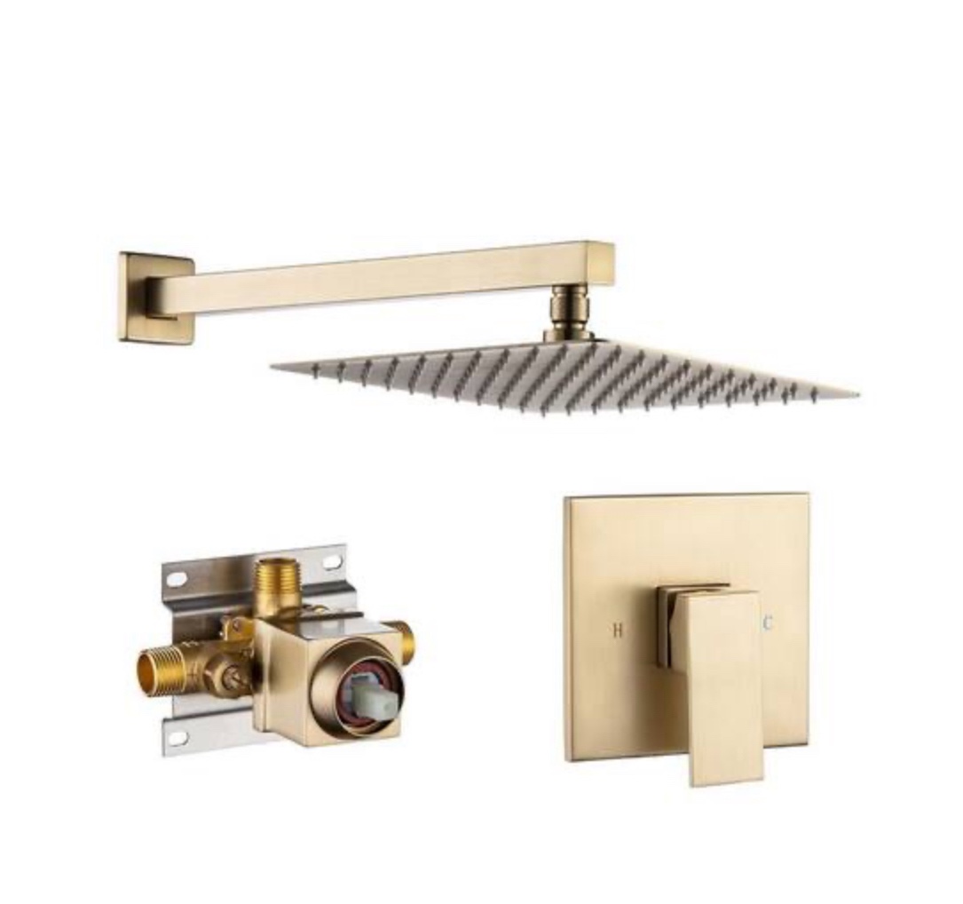 Wall Mounted 10 in. Rain Shower Head Faucet with Valve in Brushed Gold