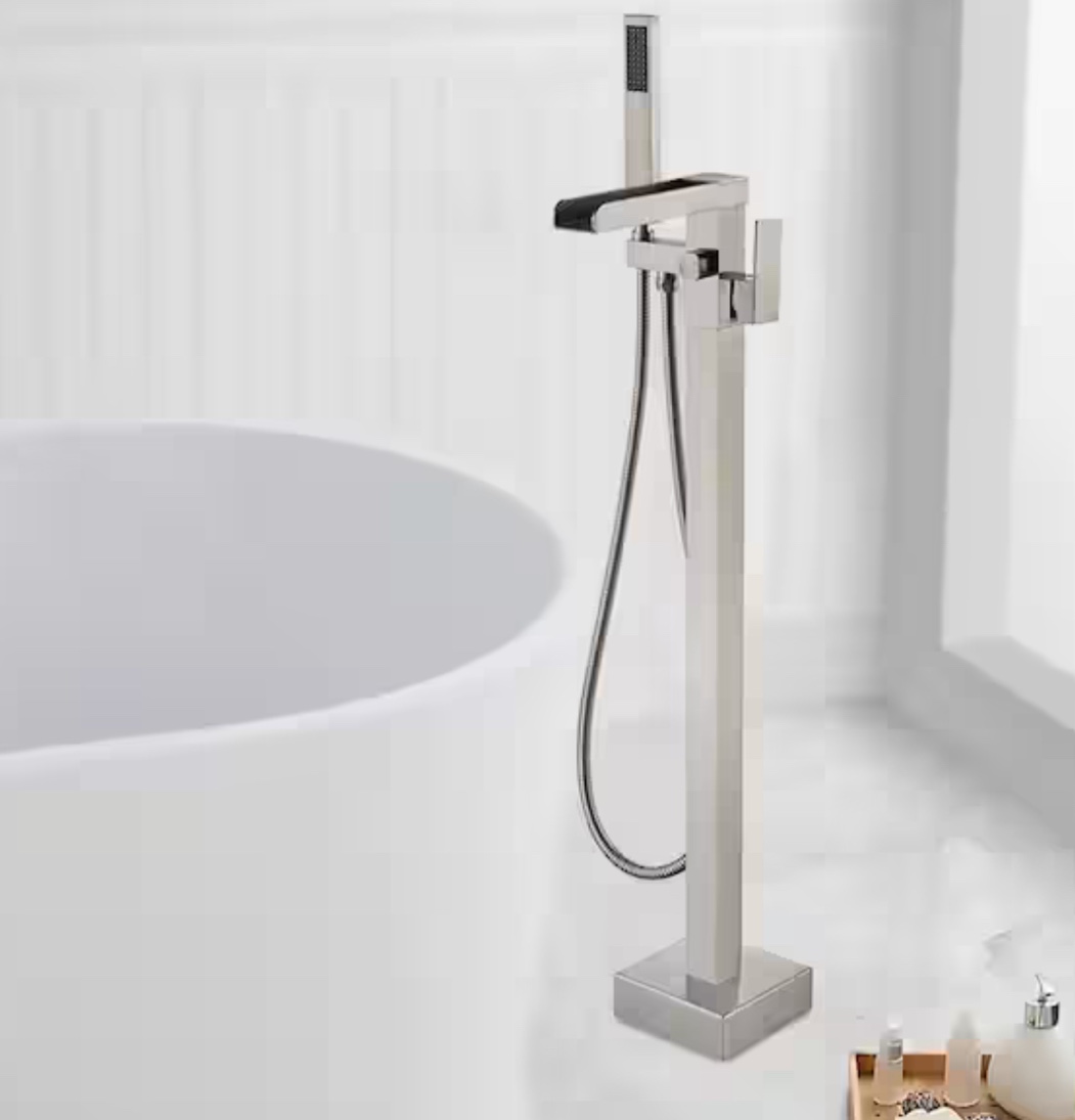 ELLO&ALLO Single-Handle Freestanding Floor Mount Tub Faucet Bathtub Filler with Hand Shower in Brushed Nickel