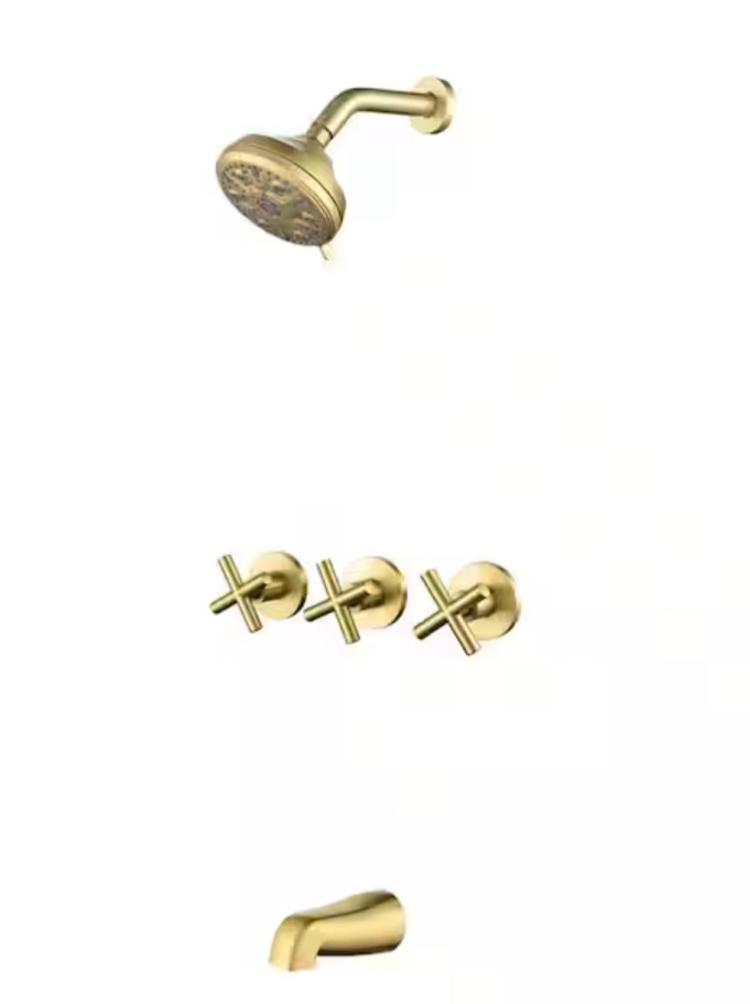  Triple Handle 10-Spray Tub and Shower Faucet 1.8 GPM Wall Mount Shower Head Kit Trim in Brushed Gold Valve Included