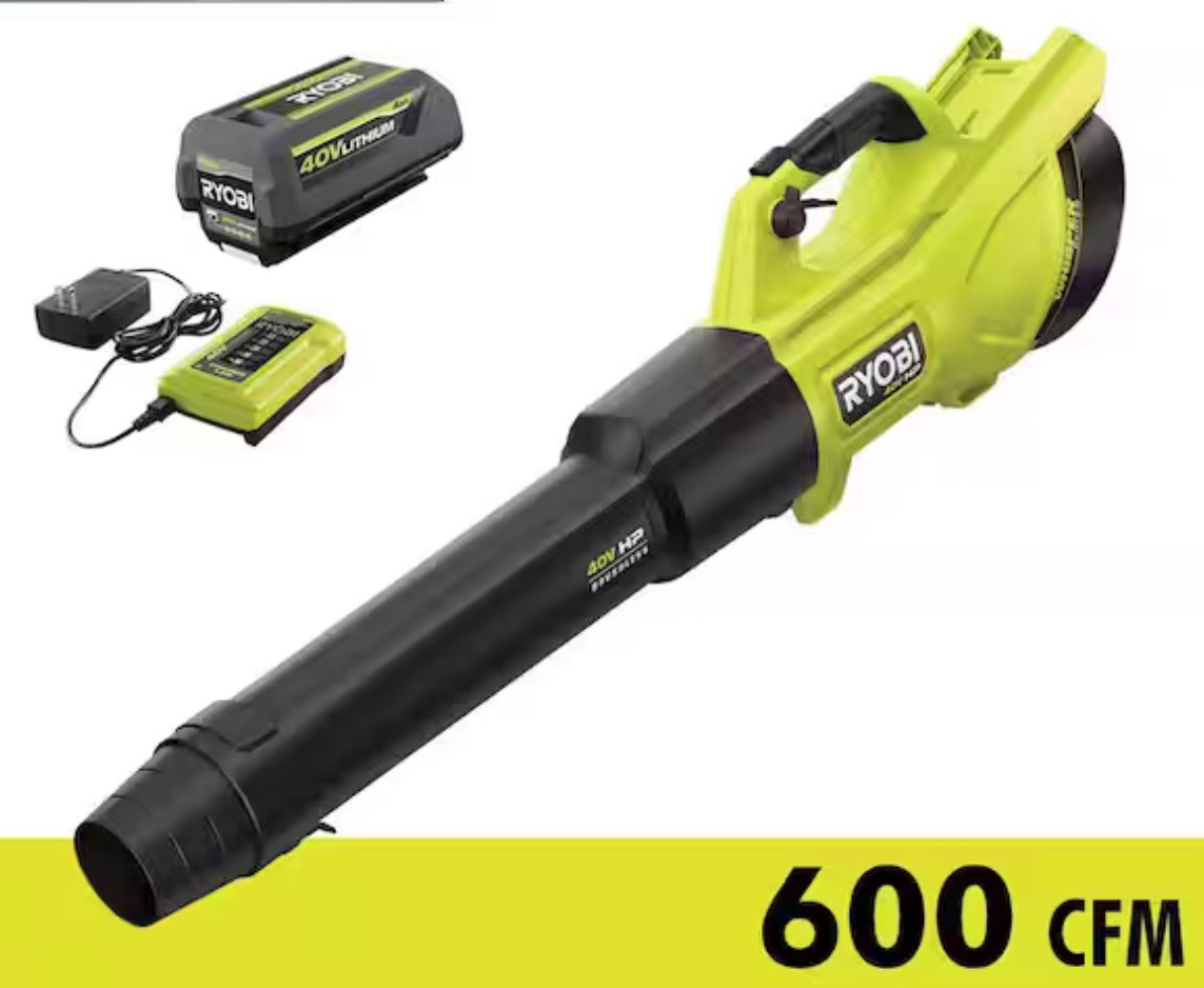 RYOBI 40V HP Brushless Whisper Series 155 MPH 600 CFM Cordless Battery Leaf Blower with 4.0 Ah Battery and Charger