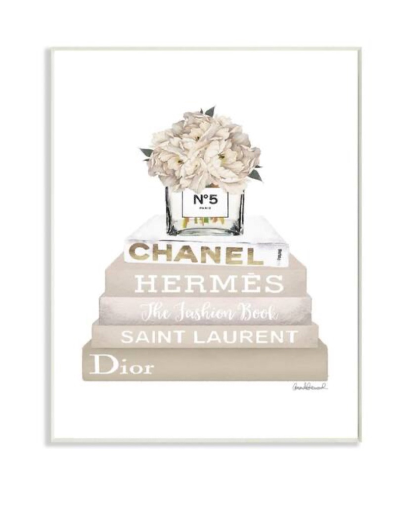 Stupell Industries 12.5 in. x 18.5 in. "High Fashion Bookstack with Tan Flowers" by Artist Amanda Greenwood Wood Wall Art