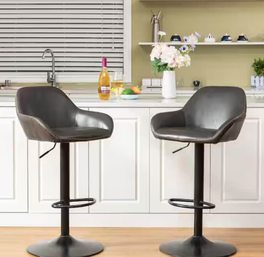 Glitzhome S/2 Mid-Century Modern Vintage Gray Leatherette Gaslift Adjustable Swivel Bar Stool