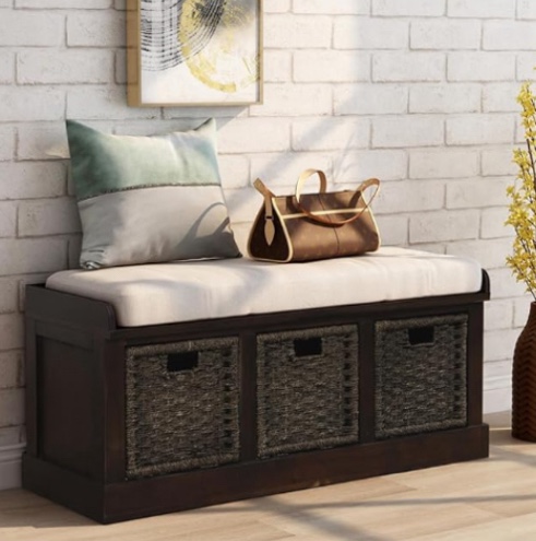 Rustic Storage Bench with 3 Removable Rattan Basket, Entryway Bench with Removable Cushion 