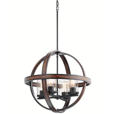 Kichler Barrington 4-Light Distressed Black and Wood Tone Rustic Seeded Glass Globe Hanging Pendant Light