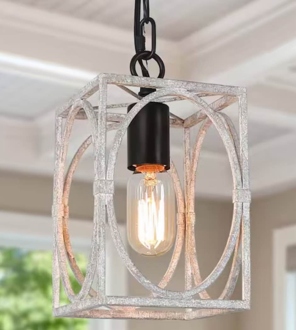  LNC (Brand Rating: 4.5/5) Farmhouse Distressed White Pendant Light 1-Light Vintage Rustic Island Cage Lantern Geometric Hanging Pendant Light