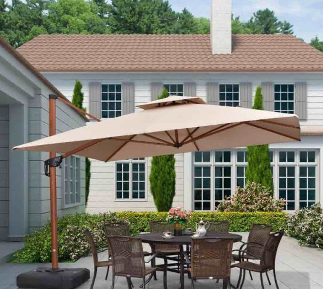  PURPLE LEAF 11 ft. Square High-Quality Wood Pattern Aluminum Cantilever Polyester Patio Umbrella with Base, Beige