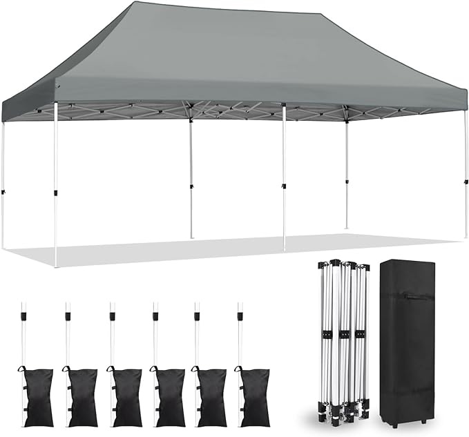 CAJECUS 10' x 20' Pop Up Canopy, Durable Easy Beach Canopy Tent, Waterproof Outdoor Canopy with 3 Adjustable Height, Roller Bag, 6 Sand Bags, 4 Ropes and 8 Stakes