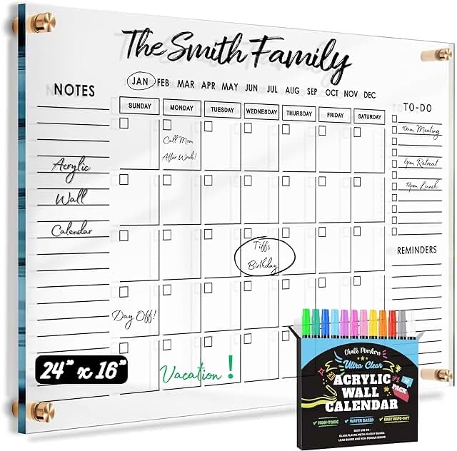 Premium Acrylic Wall Calendar Dry Erase | Large Oversize | 24"X16" | Monthly Family Calendar Dry Erase Board Home Office Glass Calander Reusable Big Whiteboard | 8 Magnetic Pens & Eraser (2023-2024)