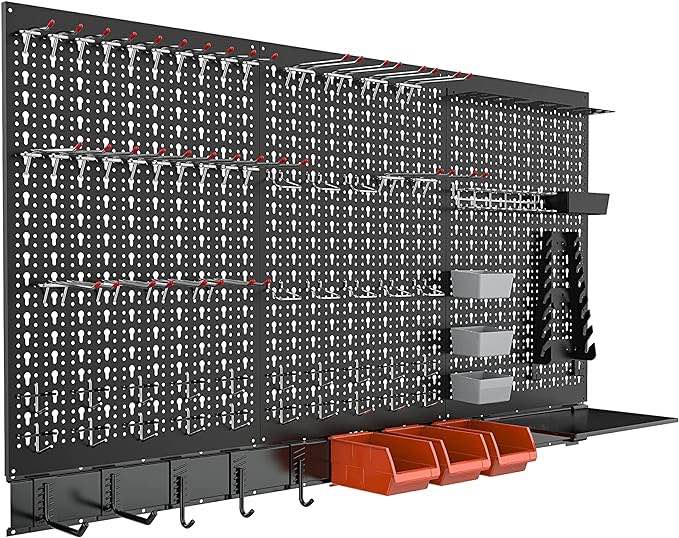 TORACK Metal Pegboard Wall Organizer System for Garage, 109PCS Pegboard Accessories Organizer Kit with Pegboard Bins, Hooks, Peg Locks, Pegboard Storage System for Workbench, Garage, Shop, Shed(Black)