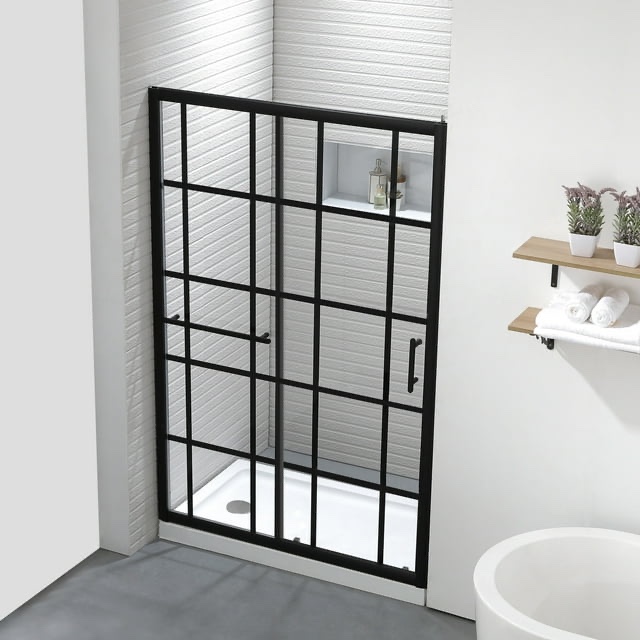 FELYL 48" W × 72" H Single Sliding Framed Shower Door with Heat Soaking Process and Protective Coating Clear Glass Black