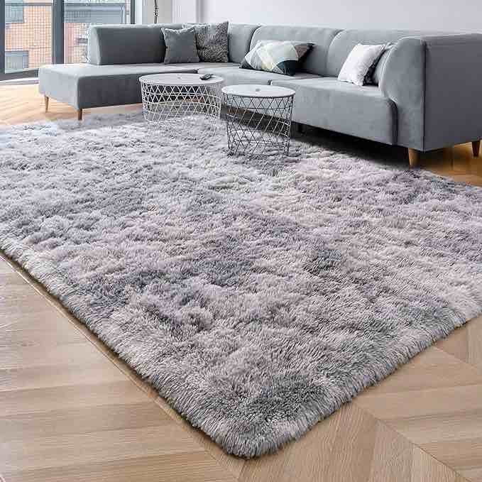 ISEAU Super Soft Rugs for Bedroom Shaggy Area Rug, 4x6 Feet Tie-Dye Shaggy Area Rug Fluffy Rugs for Living Room, Non-Slip Abstract Fuzzy Rugs Dorm Shag Rugs for Girls Boys Kids Room, Light Grey