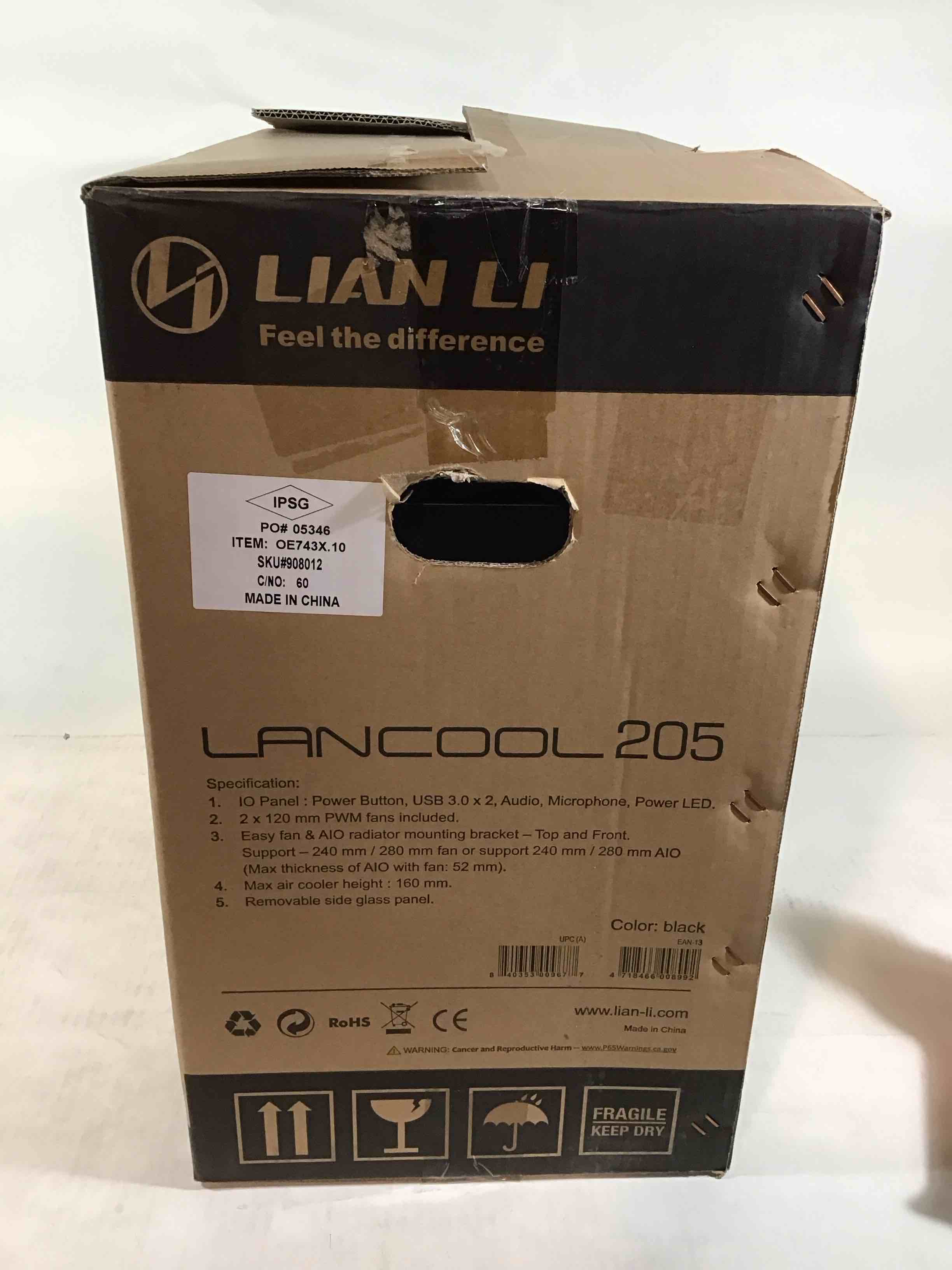 Condition photo showing New/Like New for Lian Li Mid-Tower Chassis ATX Computer Case PC Gaming Case w/Tempered Glass Side Panel, Magnetic Dust Filter,Water-Cooling Ready, Side Ventilation and 2x120mm Fan Pre-Installed (LANCOOL 205, Black)