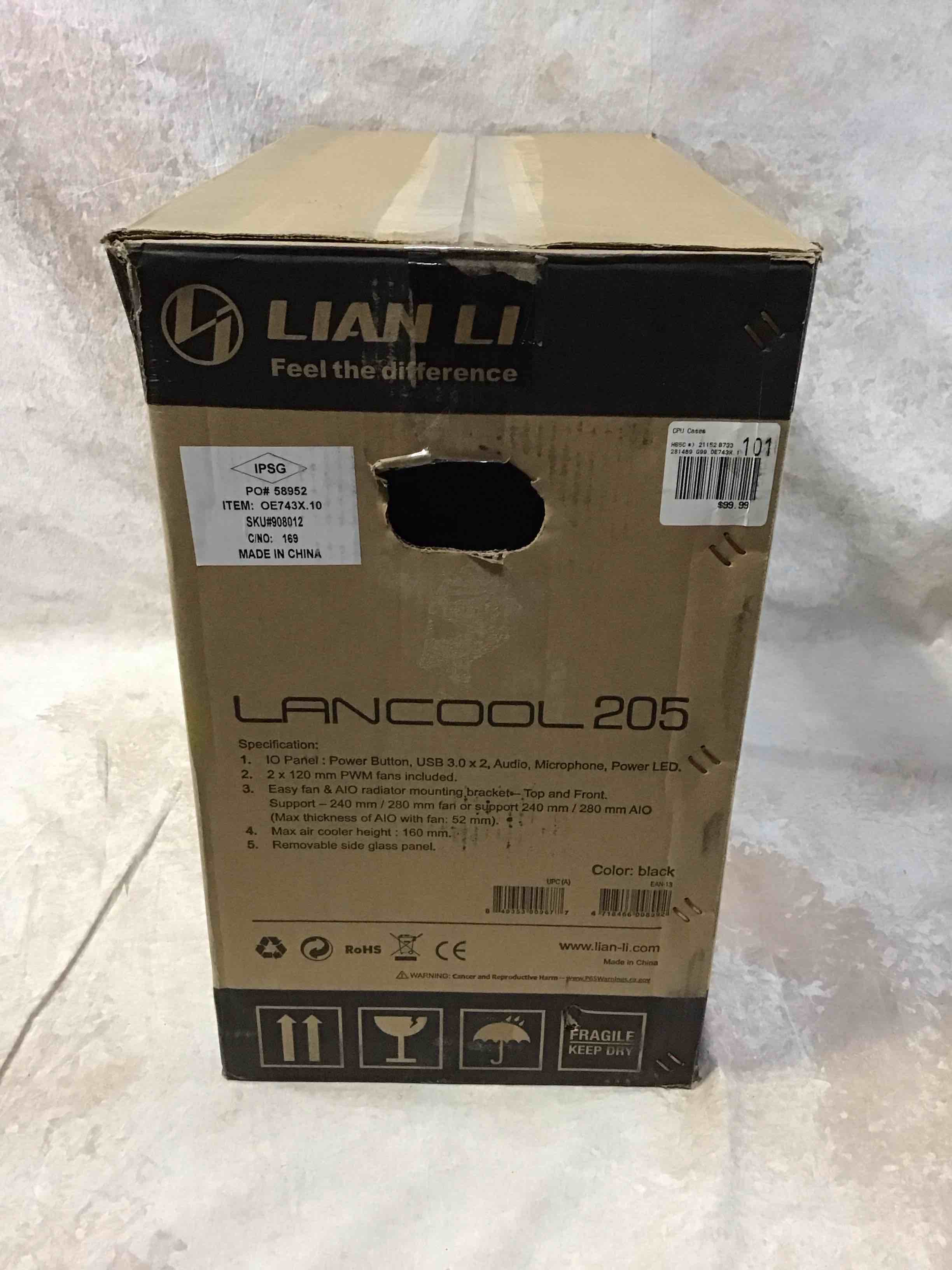 Condition photo showing New/Like New for Lian Li Mid-Tower Chassis ATX Computer Case PC Gaming Case w/Tempered Glass Side Panel, Magnetic Dust Filter,Water-Cooling Ready, Side Ventilation and 2x120mm Fan Pre-Installed (LANCOOL 205, Black)