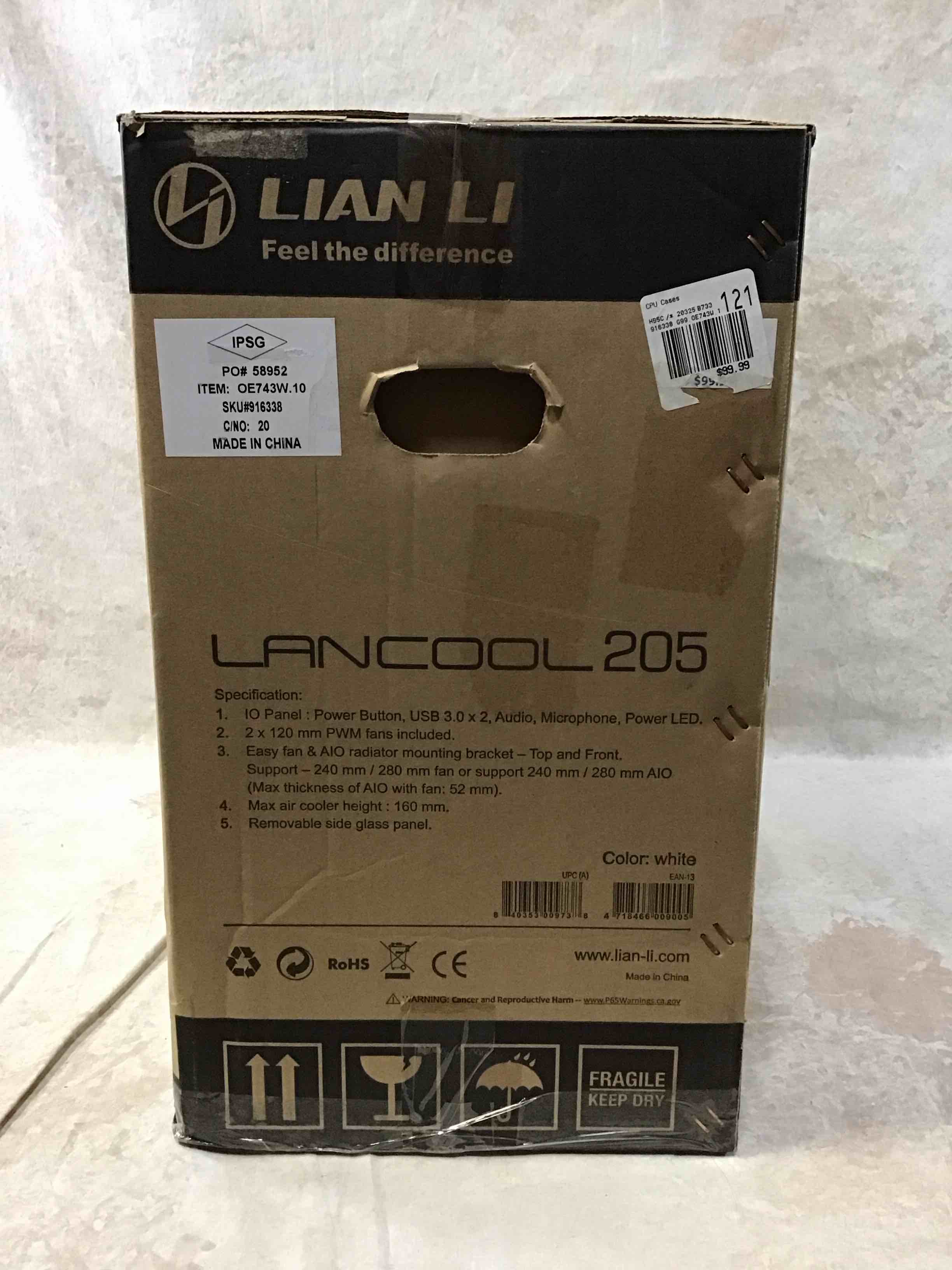 Condition photo showing item condition for Lian Li Mid-Tower Chassis ATX Computer Case PC Gaming Case w/Tempered Glass Side Panel, Magnetic Dust Filter,Water-Cooling Ready, Side Ventilation and 2x120mm Fan Pre-Installed (LANCOOL 205, White)