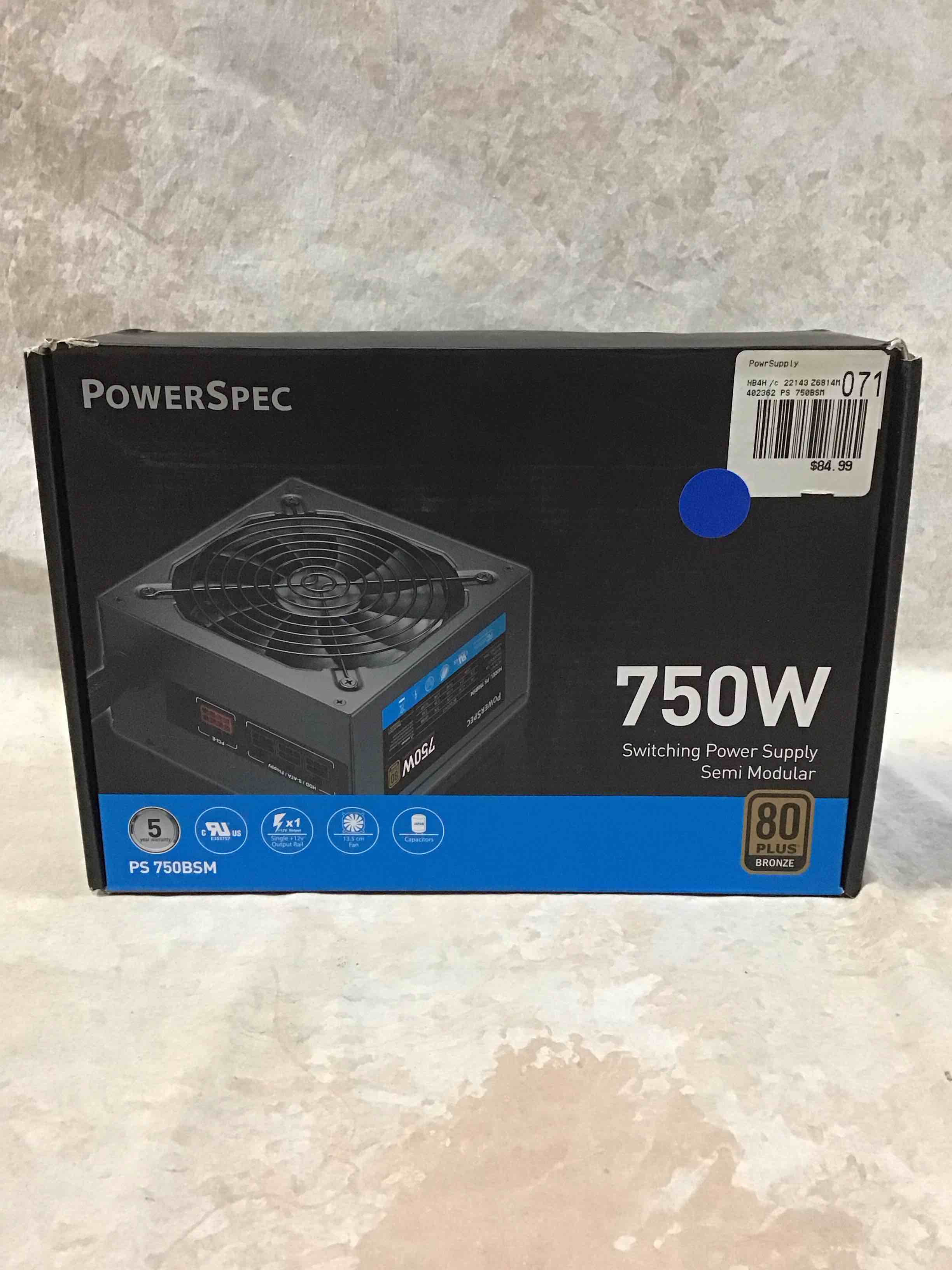Condition photo showing New/Like New for PowerSpec 750W Power Supply Semi Modular 80 Plus Bronze Certified ATX PSU Active PFC SLI Crossfire Ready Gaming PC Computer Switching Power Supply, PS 750BSM (B08YYJHNMH)